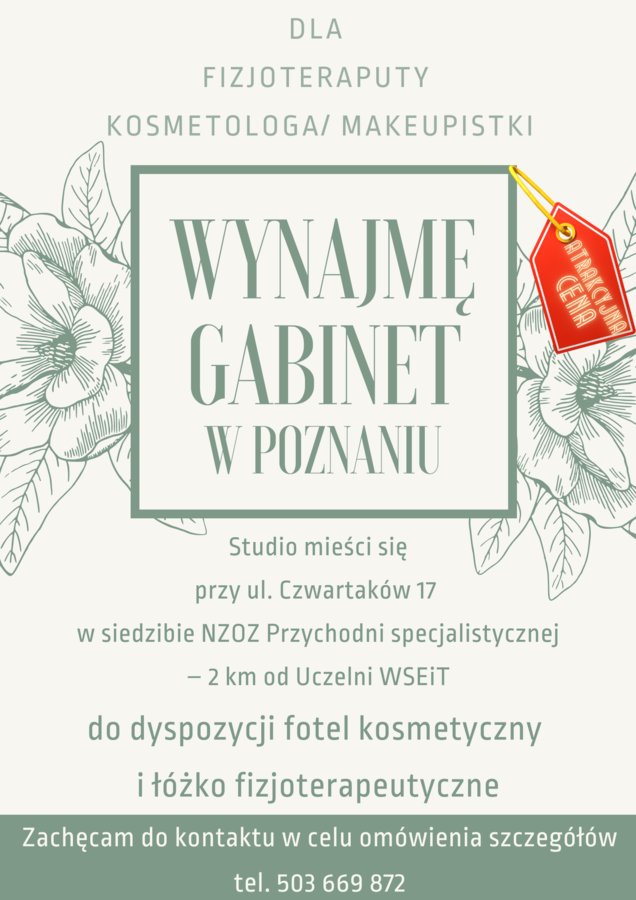Gabinet dla fizjoterapeuty/ kosmetologa do wynajęcia w Poznaniu